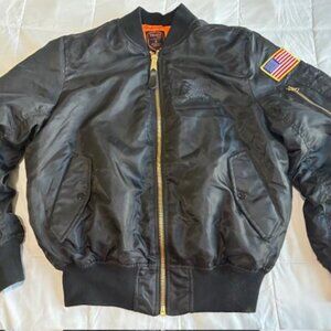 Bravo Series By Burks Bay Black Satin Bomber Jacket Mens Large USA Flag Eagle